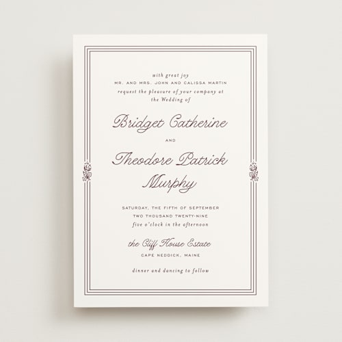 This is a wine wedding invitations with standard by Kate Ahn called court printing on signature in standard