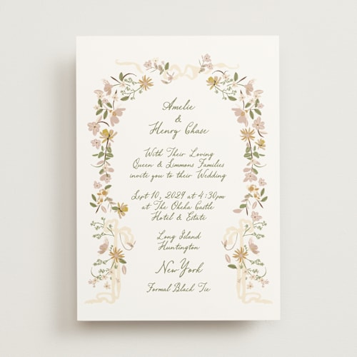 This is a dusty rose wedding invitations with standard by Phrosné Barwood called spring draped garland printing on signature in standard