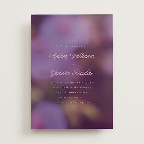 This is a violet wedding invitations with standard by Morgan Kendall called bloom printing on signature in standard