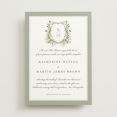 This is a sage wedding invitations with standard by Sarah Knight called greenery crest printing on signature in standard