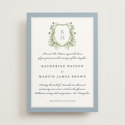 This is a lake wedding invitations with standard by Sarah Knight called greenery crest printing on signature in standard