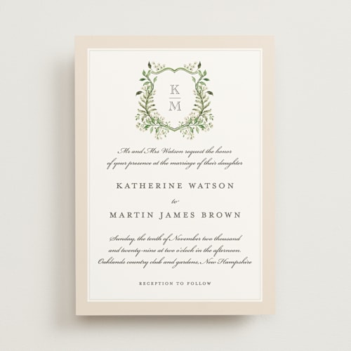 This is a linen wedding invitations with standard by Sarah Knight called greenery crest printing on signature in standard