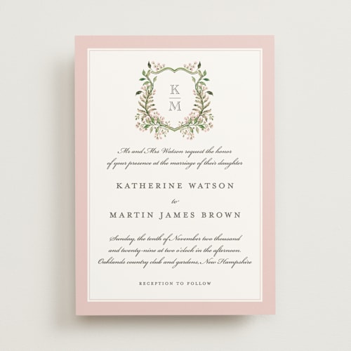 This is a quartz wedding invitations with standard by Sarah Knight called greenery crest printing on signature in standard