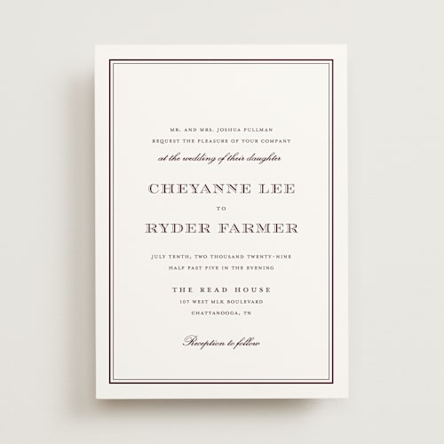 This is a burgundy wedding invitations with standard by Stacey Meacham called engraved names printing on signature in standard