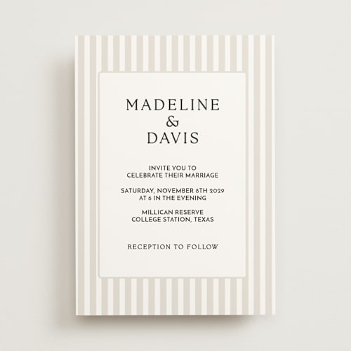 This is a latte wedding invitations with standard by First Rodeo Design called classic stripe printing on signature in standard