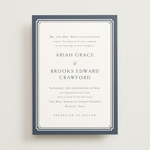 This is a french blue wedding invitations with standard by Jennifer Postorino called ariah printing on signature in standard