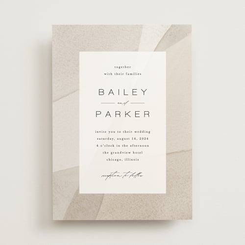 This is a sandstone wedding invitations with standard by Kate Ahn called gossamer printing on signature in standard