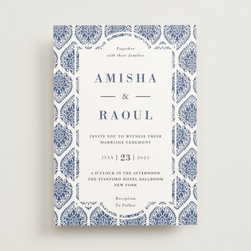 This is a azure wedding invitations with standard by Oma N. Ramkhelawan called calcutta stamp printing on signature in standard