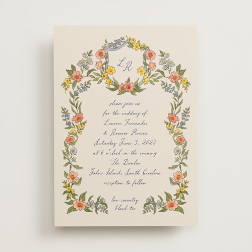 This is a peach wedding invitations with standard by Chris Griffith called a wedding in low country printing on signature in standard