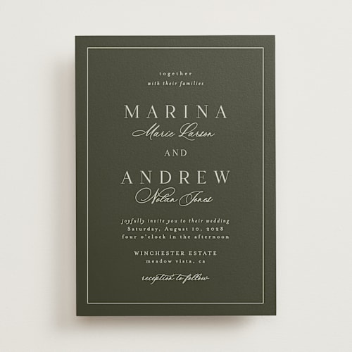 This is a deep olive wedding invitations with standard by Nicole Walsh called refined printing on signature in standard