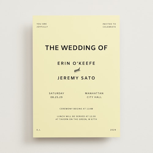 This is a butter wedding invitations with standard by Studio Suku called courthouse printing on signature in standard