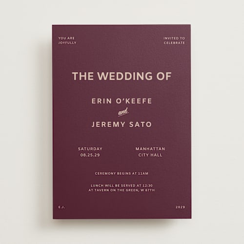 This is a plum wedding invitations with standard by Studio Suku called courthouse printing on signature in standard