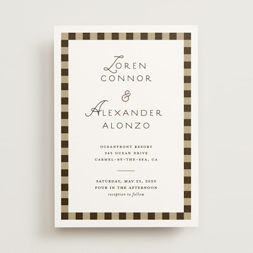 This is a leather wedding invitations with standard by Angela Quan called grid printing on signature in standard