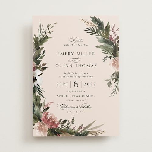 This is a rose quartz wedding invitations with standard by Kate Ahn called poetique printing on signature in standard