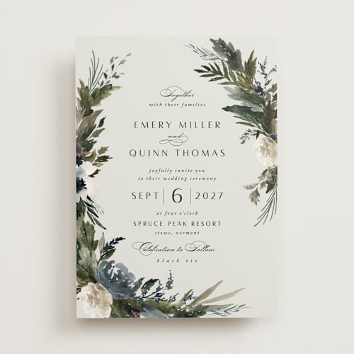 This is a dusty blue wedding invitations with standard by Kate Ahn called poetique printing on signature in standard