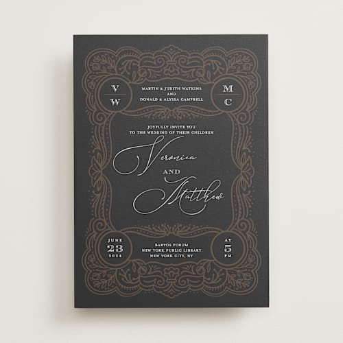 This is a dark chocolate wedding invitations with standard by Laura Bolter called eternal love printing on signature in standard