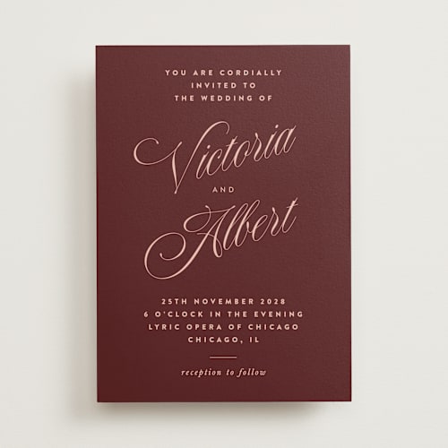 This is a burgundy wedding invitations with standard by Nazia Hyder called museum printing on signature in standard