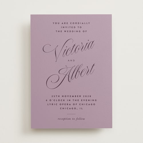 This is a lavender wedding invitations with standard by Nazia Hyder called museum printing on signature in standard