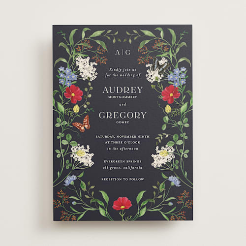 This is a midnight wedding invitations with standard by Sarah Knight called wild meadow printing on signature in standard