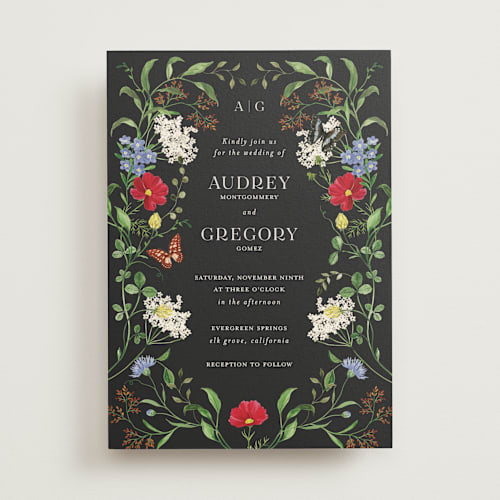 This is a onyx wedding invitations with standard by Sarah Knight called wild meadow printing on signature in standard