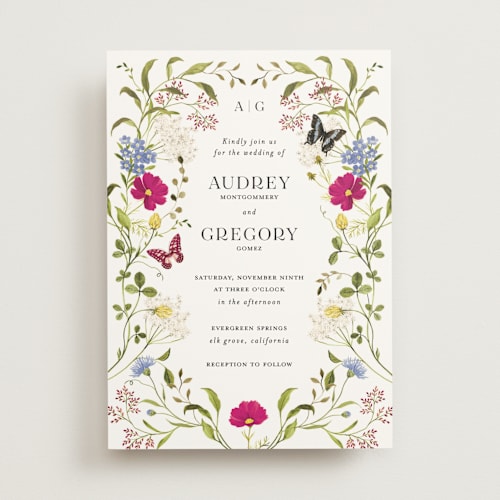 This is a fuchsia wedding invitations with standard by Sarah Knight called wild meadow printing on signature in standard