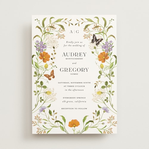 This is a persimmon wedding invitations with standard by Sarah Knight called wild meadow printing on signature in standard