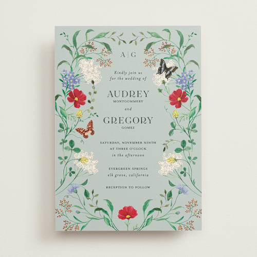 This is a mint wedding invitations with standard by Sarah Knight called wild meadow printing on signature in standard
