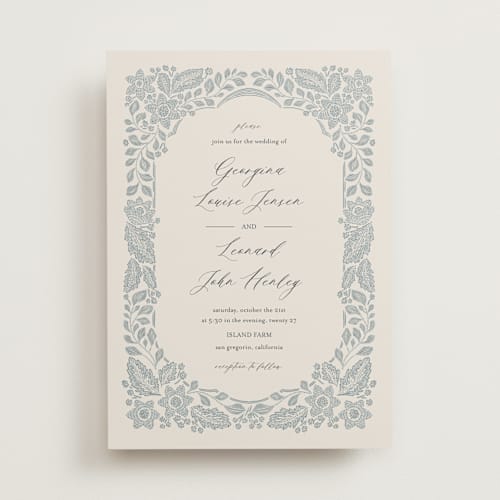 This is a dusty blue wedding invitations with standard by Jen Owens called embroidered printing on signature in standard