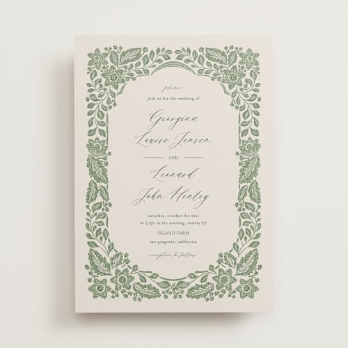 This is a moss wedding invitations with standard by Jen Owens called embroidered printing on signature in standard