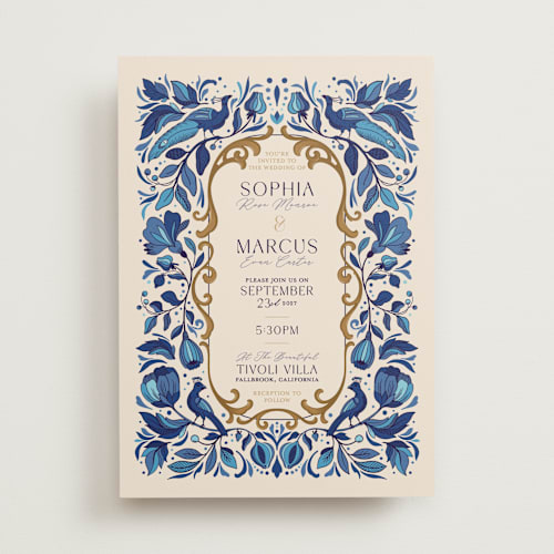 This is a cerulean wedding invitations with standard by GeekInk Design called gilded printing on signature in standard