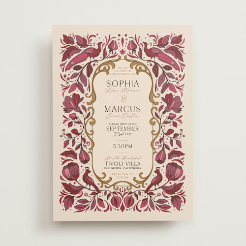 This is a crimson wedding invitations with standard by GeekInk Design called gilded printing on signature in standard
