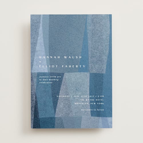 This is a seaside wedding invitations with standard by Carrie Moradi called denim patchwork printing on signature in standard