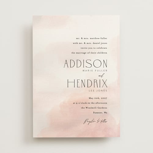 This is a blush wedding invitations with standard by Itsy Belle Studio called first light printing on signature in standard