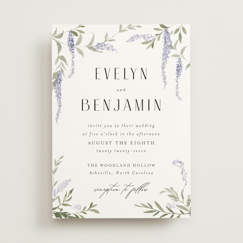 This is a lavender wedding invitations with standard by Design Lotus called enchanted evening printing on signature in standard