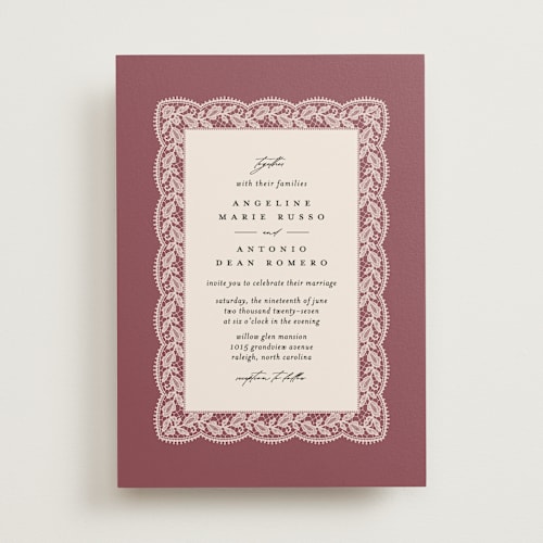This is a mauve wedding invitations with standard by Erica Krystek called chantilly printing on signature in standard