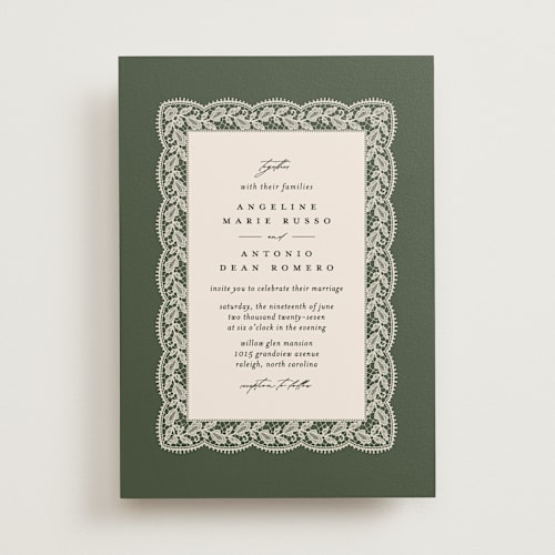 This is a olive wedding invitations with standard by Erica Krystek called chantilly printing on signature in standard