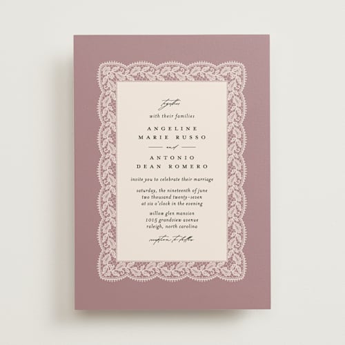 This is a dusty rose wedding invitations with standard by Erica Krystek called chantilly printing on signature in standard