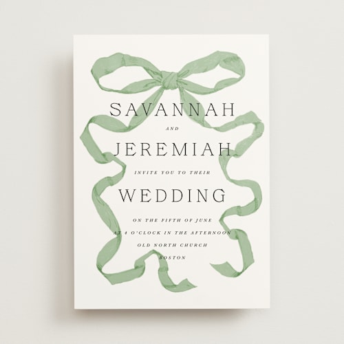 This is a pistachio wedding invitations with standard by Olivia Kanaley Inman called antique ribbon printing on signature in standard