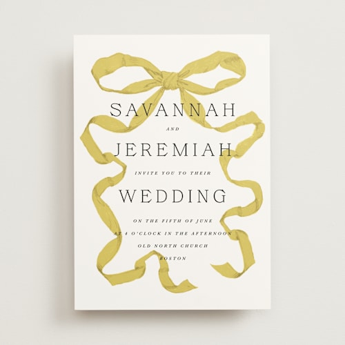 This is a citrine wedding invitations with standard by Olivia Kanaley Inman called antique ribbon printing on signature in standard