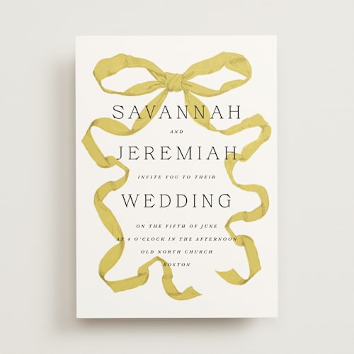 This is a citrine wedding invitations with standard by Olivia Kanaley Inman called antique ribbon printing on signature in standard