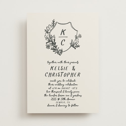 This is a ink wedding invitations with standard by Kelly Watkins called botanical crest printing on signature in standard