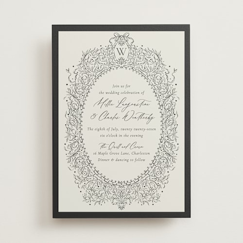 This is a latte wedding invitations with standard by Jackie Crawford called ornate sketched frame printing on signature in standard
