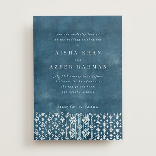 This is a indigo wedding invitations with standard by Nazia Hyder called kantha quilt printing on signature in standard