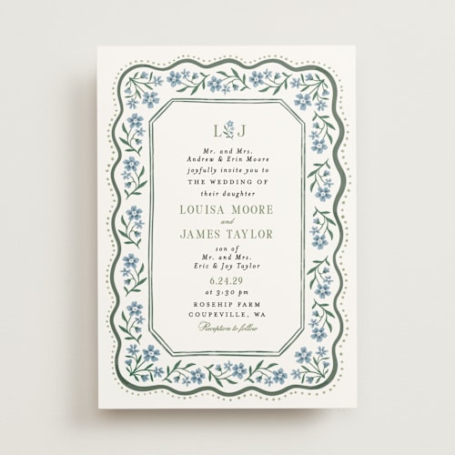 This is a periwinkle wedding invitations with standard by Alethea and Ruth called sweet vintage printing on signature in standard