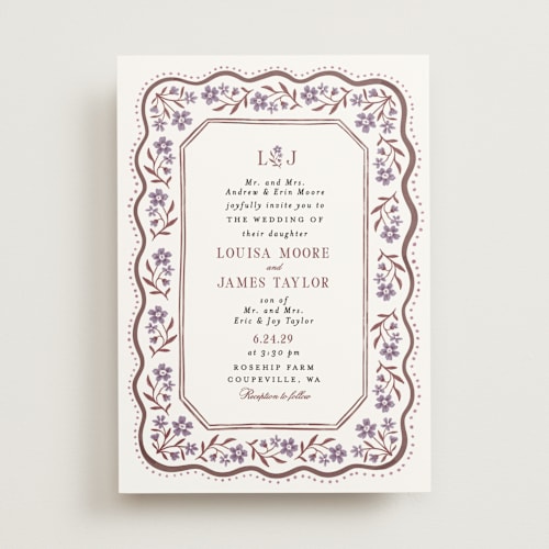 This is a plum wedding invitations with standard by Alethea and Ruth called sweet vintage printing on signature in standard
