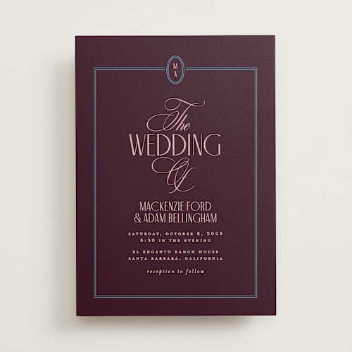 This is a plum wedding invitations with standard by Owl and Toad called sophisticate printing on signature in standard