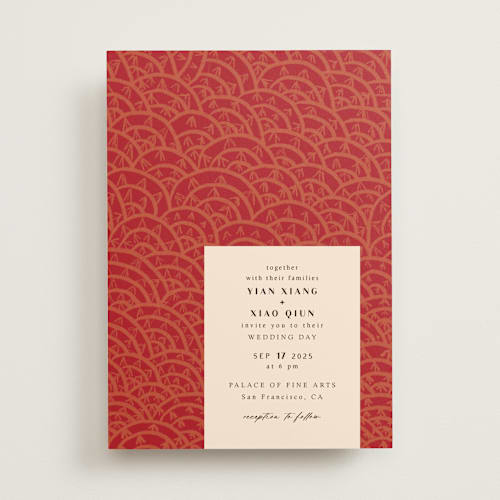 This is a ruby wedding invitations with standard by Kanika Mathur called mizu pattern printing on signature in standard