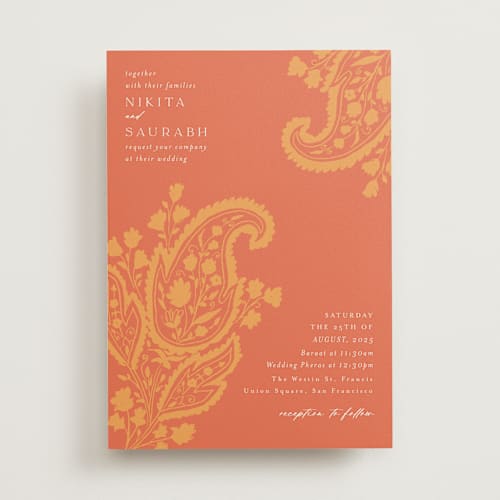 This is a tangerine wedding invitations with standard by Kanika Mathur called heritage paisley printing on signature in standard