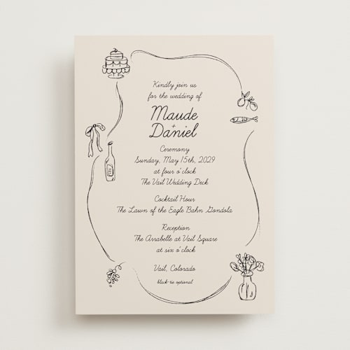 This is a ivory wedding invitations with standard by Aviva Atri called sketchbook love printing on signature in standard