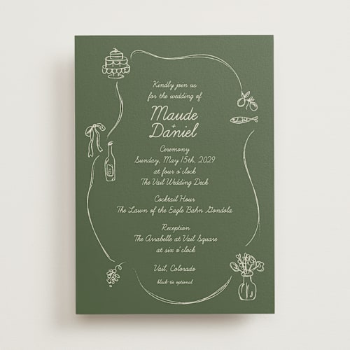 This is a olive wedding invitations with standard by Aviva Atri called sketchbook love printing on signature in standard